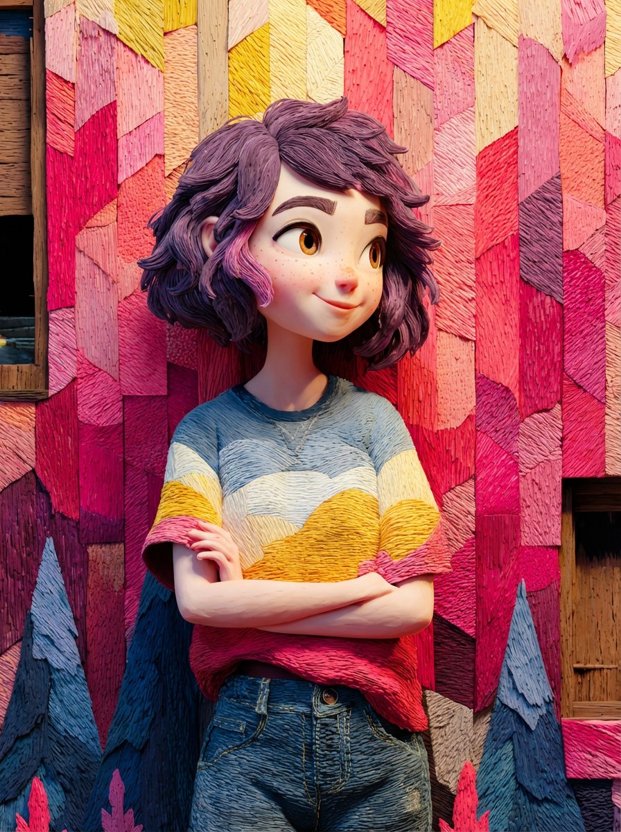 皮克斯风格3D女孩与彩色木墙