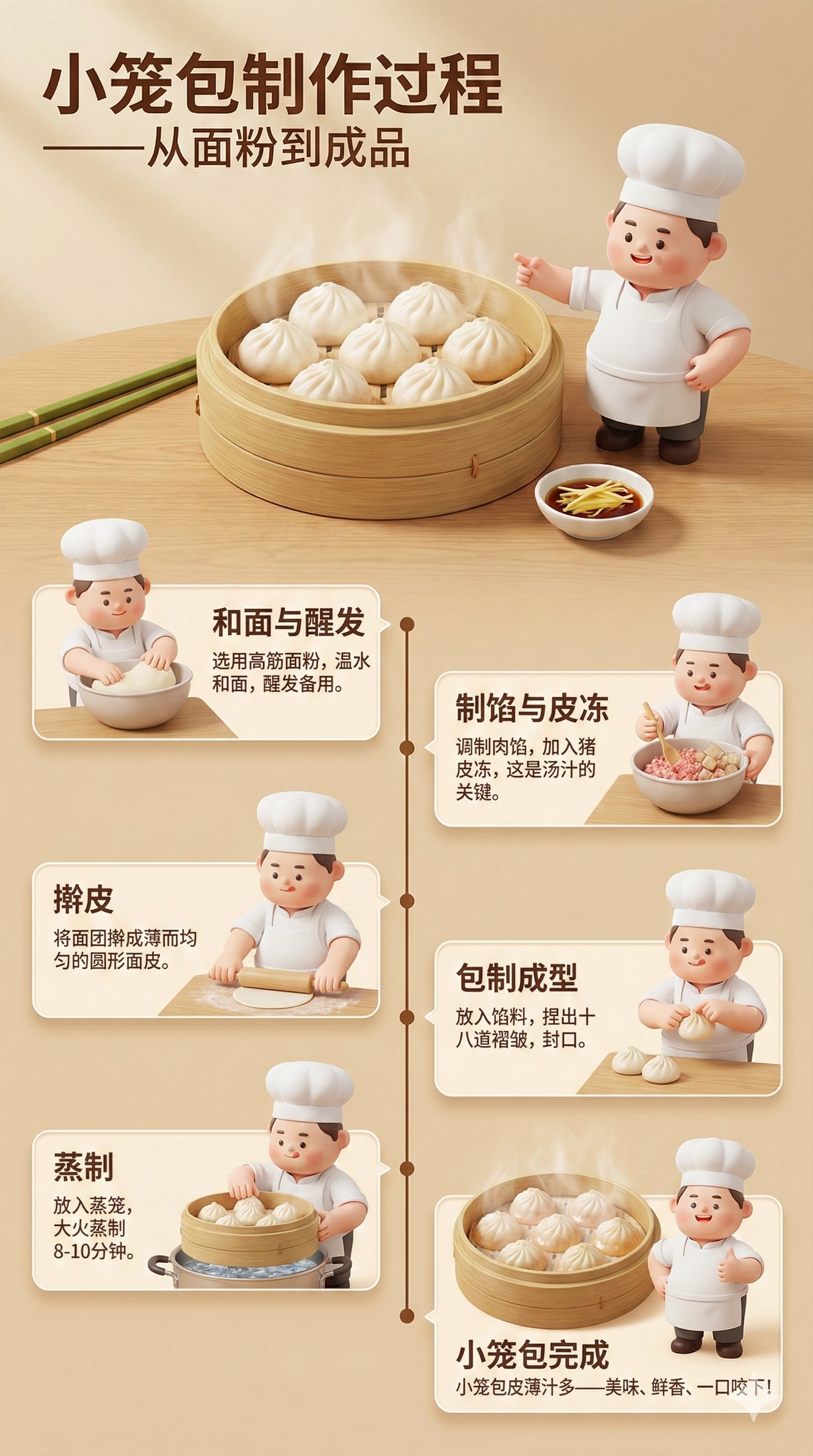 3D小笼包制作过程信息图：可爱厨师Koki Cubby的讲解