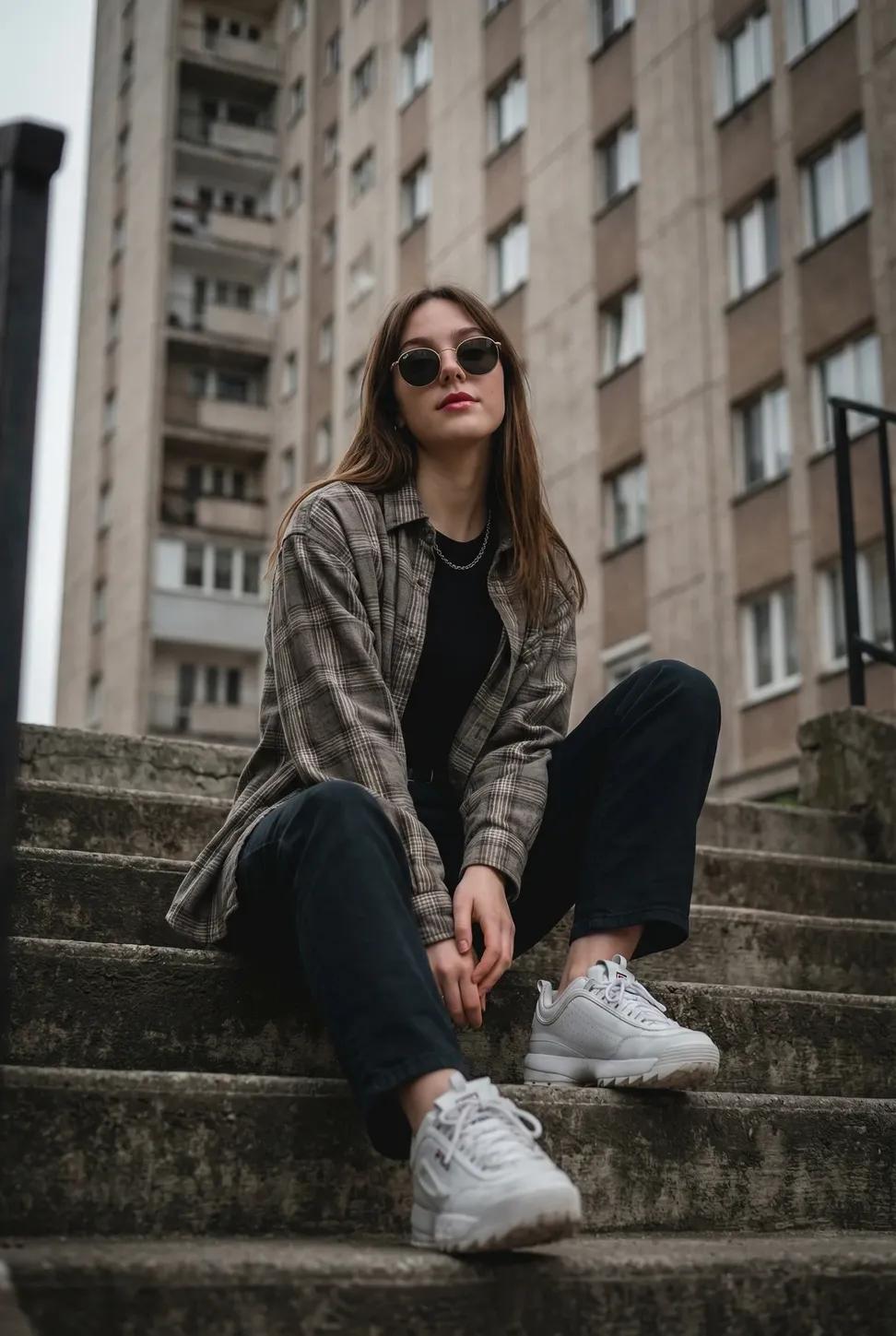 90年代街头女孩：城市台阶上的随性风