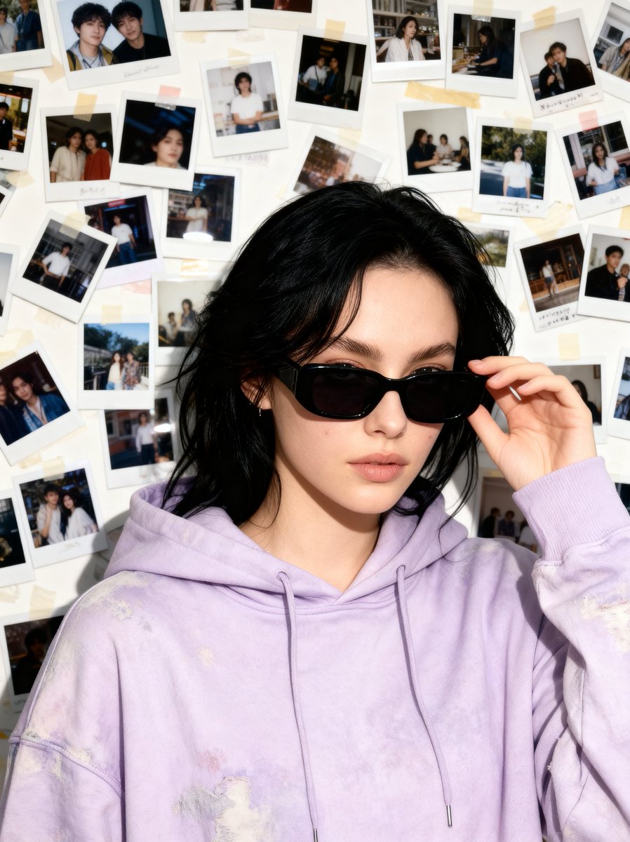 九十年代复古胶片里的淡紫连帽衫少女