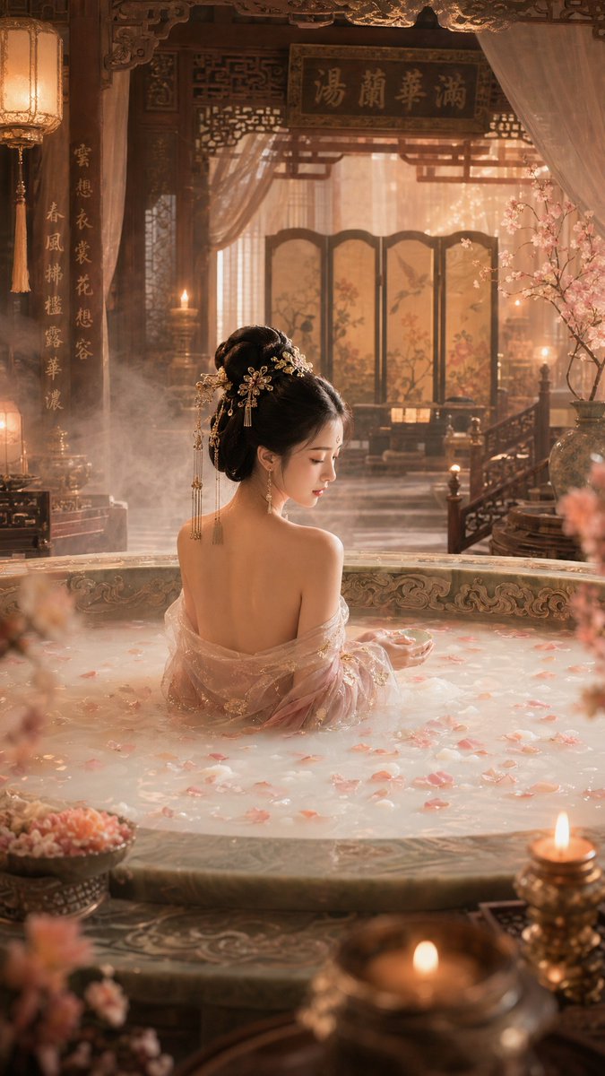 華麗古澡堂中的古風美人牛奶浴