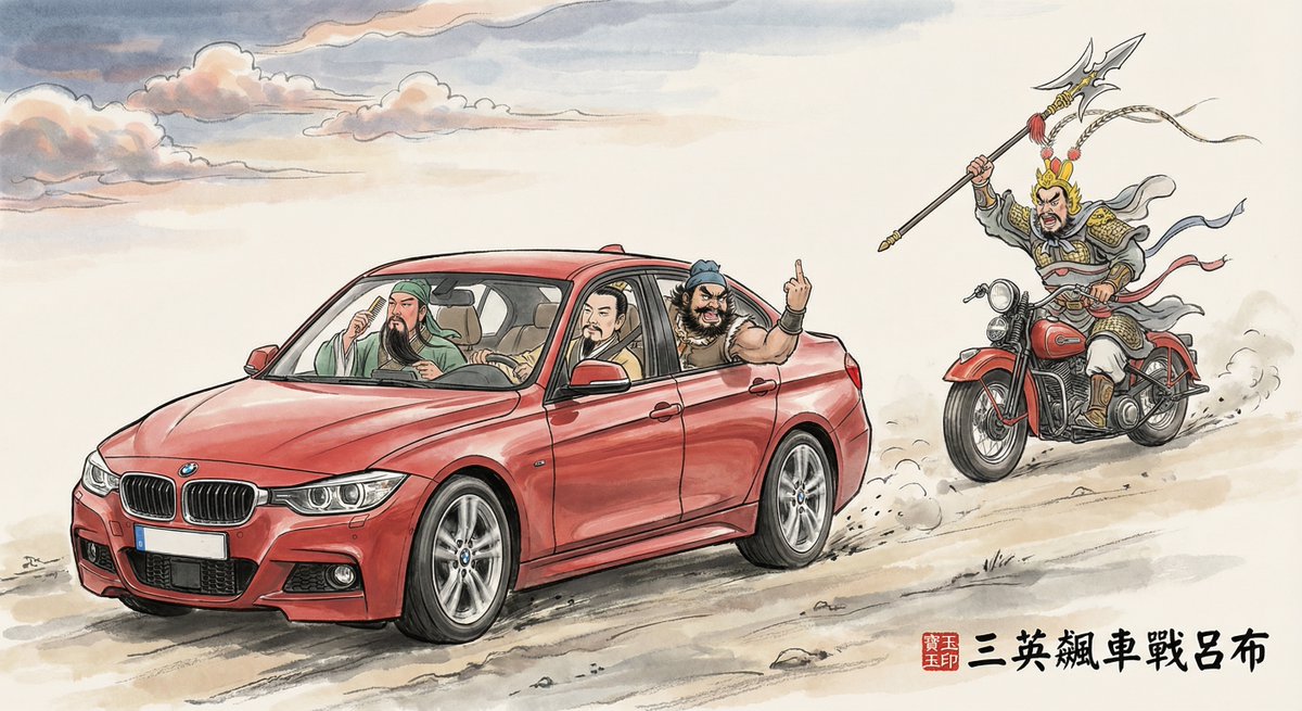 三英宝马战吕布：古今混搭水墨飙车