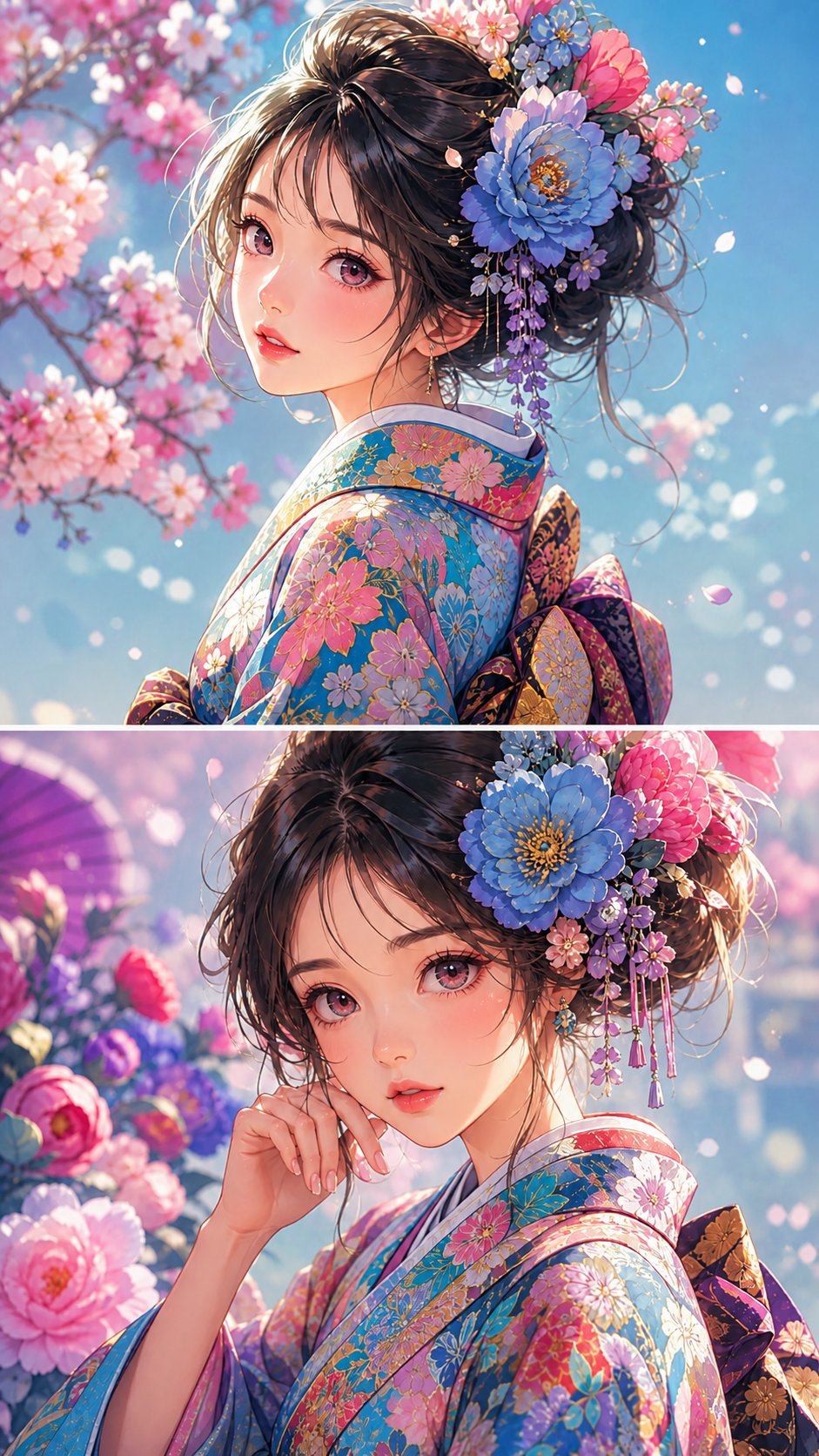 身着花卉和服的动漫少女肖像