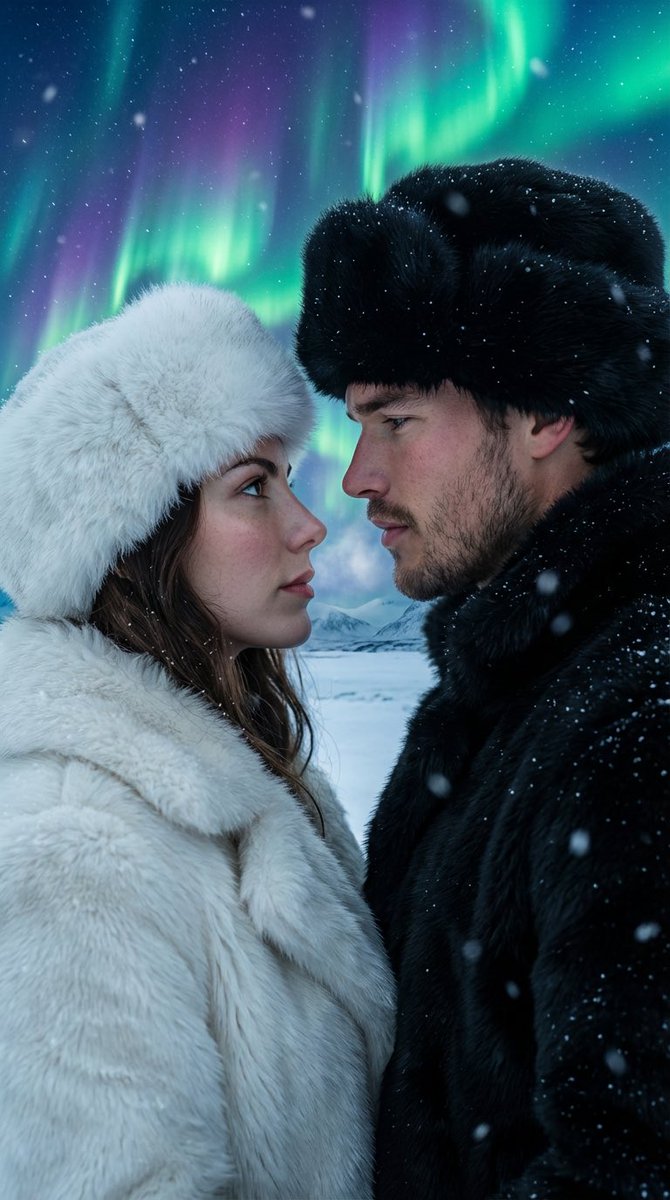 极光映雪夜超写实情侣深情对视