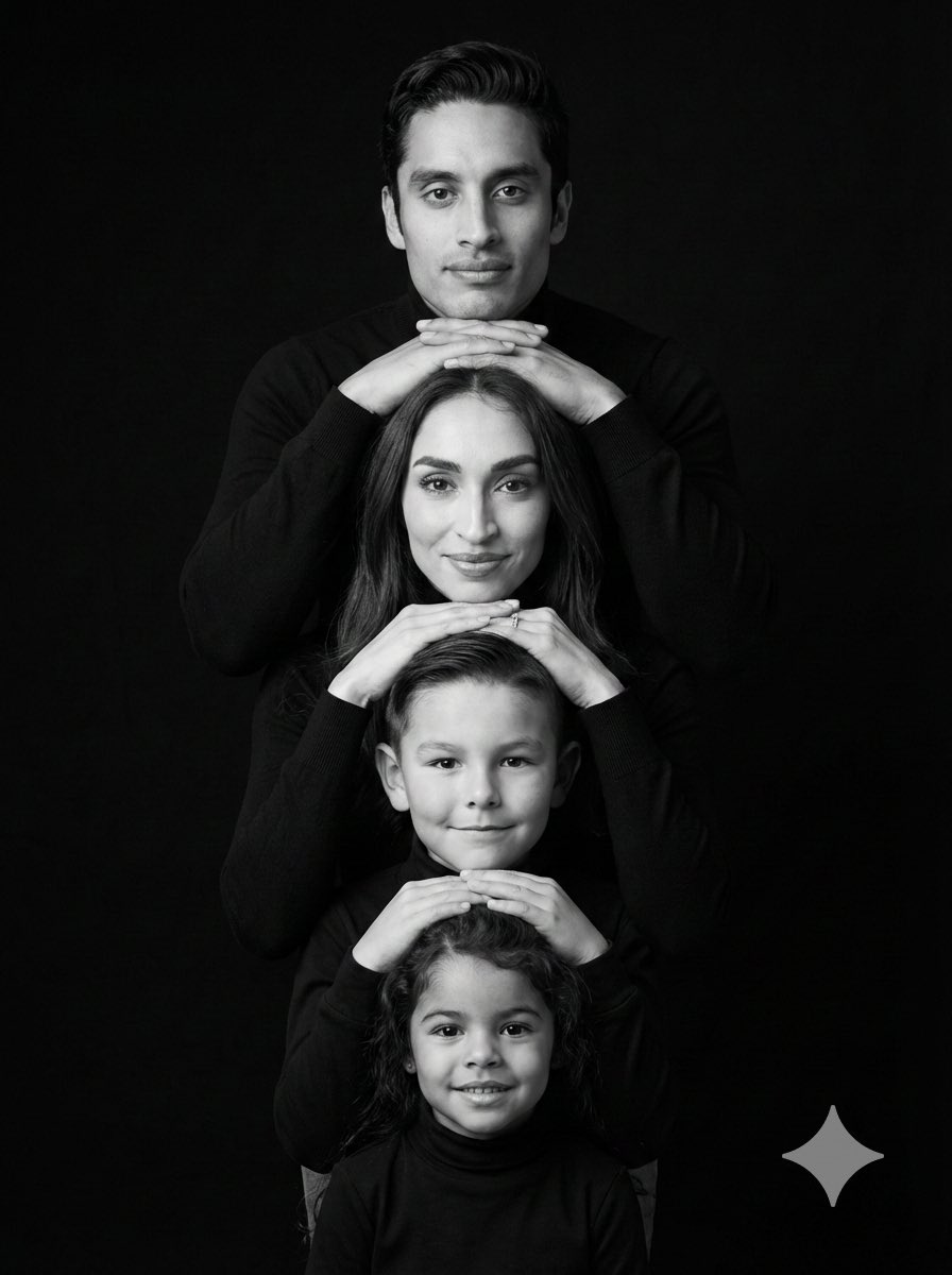 黑白影棚四口之家中轴叠手肖像