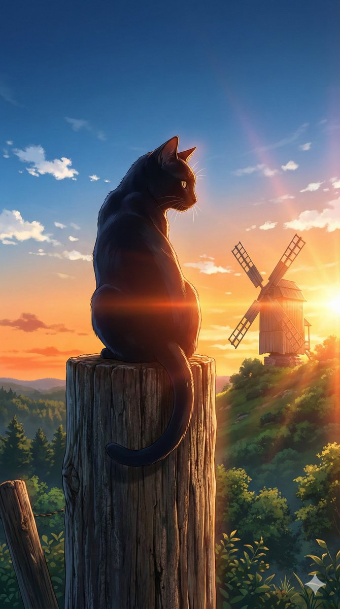 夕阳下回望的黑猫与风车