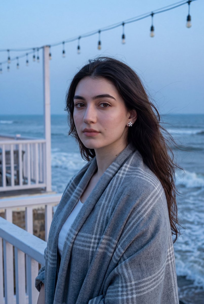 蓝调时刻海滨露台的微风少女