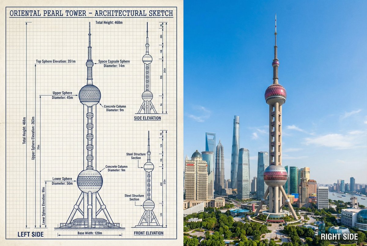 东方明珠蓝图与实景并排对照