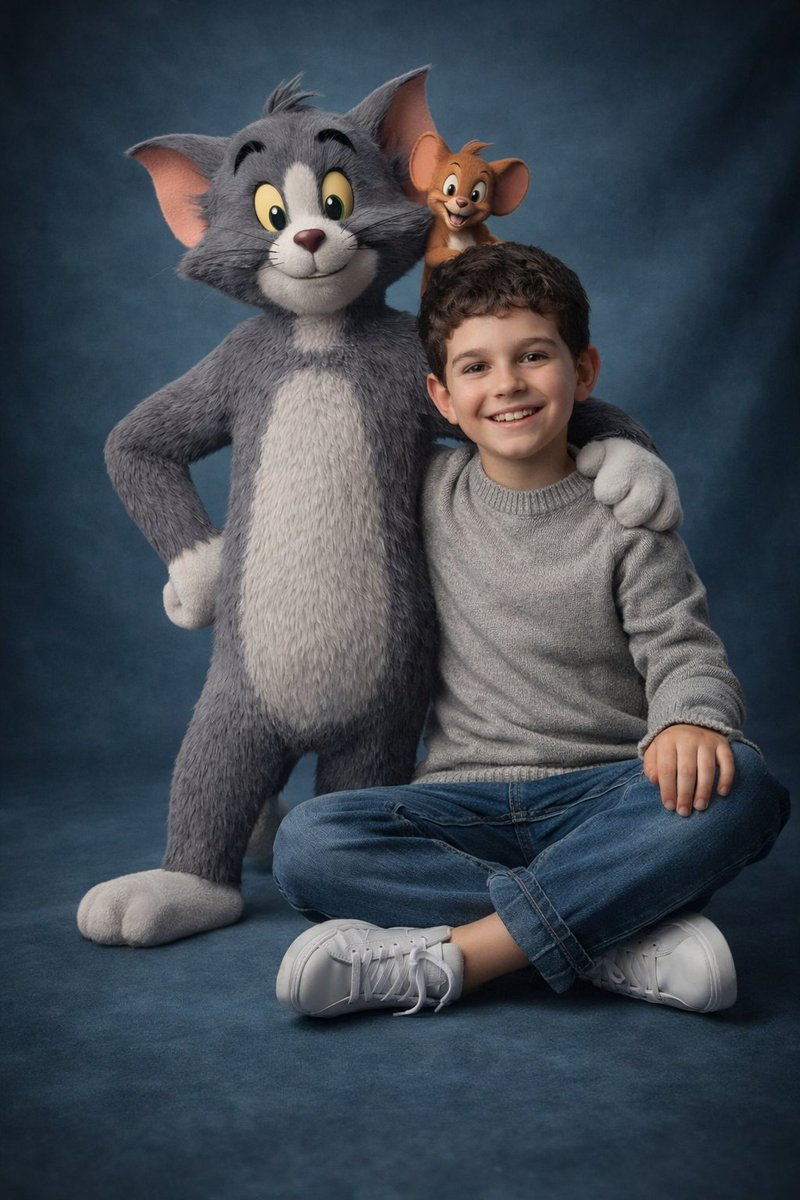 男孩与猫和老鼠的超真实影棚大片