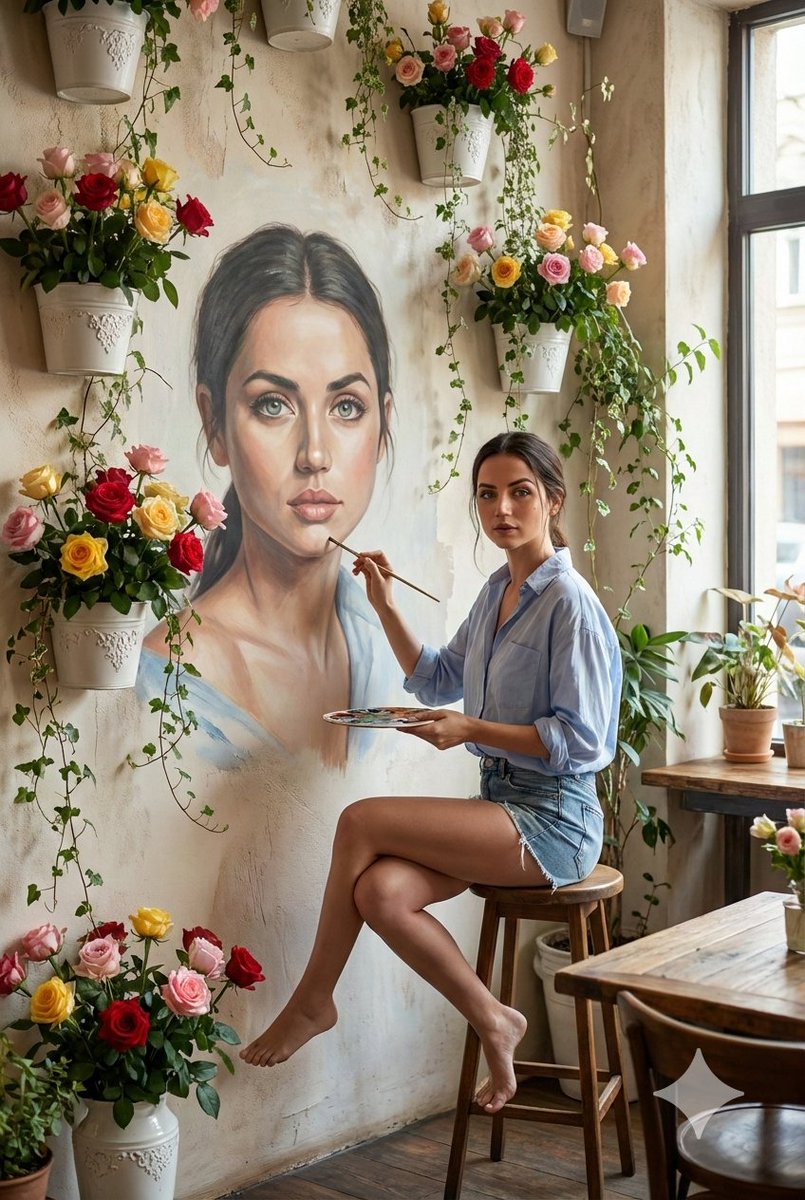 执笔描绘自我面容的咖啡馆女孩