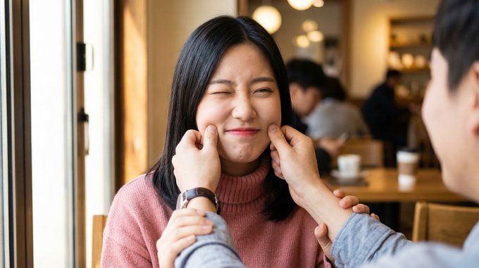 咖啡馆中韩国女性被捏脸颊的俏皮瞬间