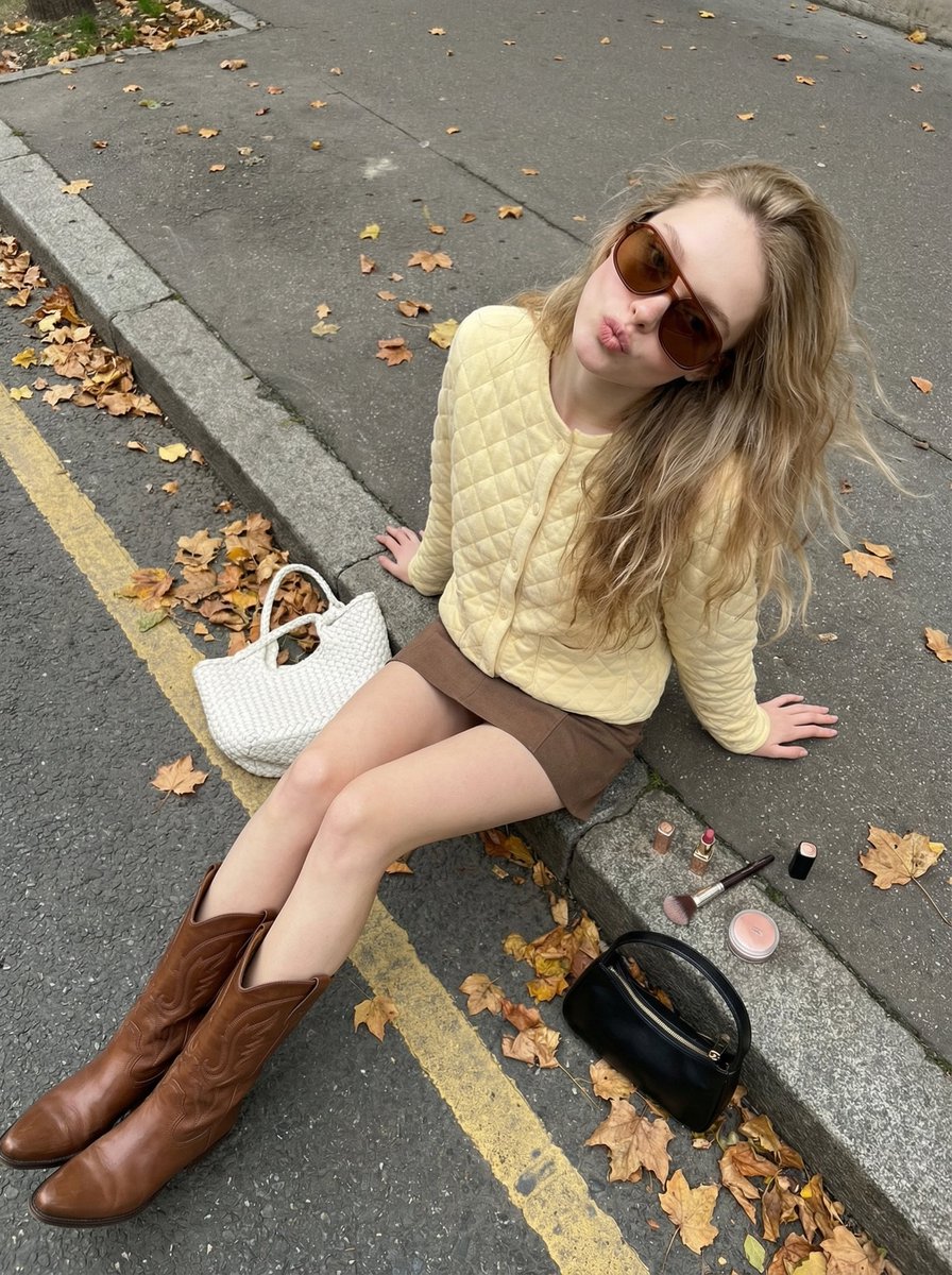 秋日人行道俯拍街拍少女