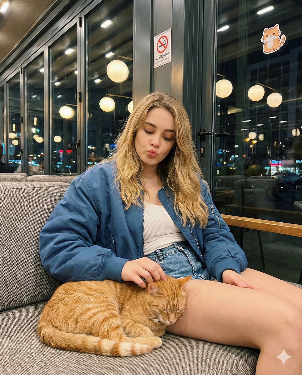 夜咖里抱猫飞吻的金发女孩抓拍