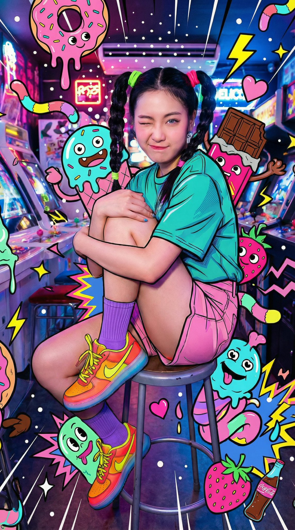 霓虹糖果怪兽包围的街机少女