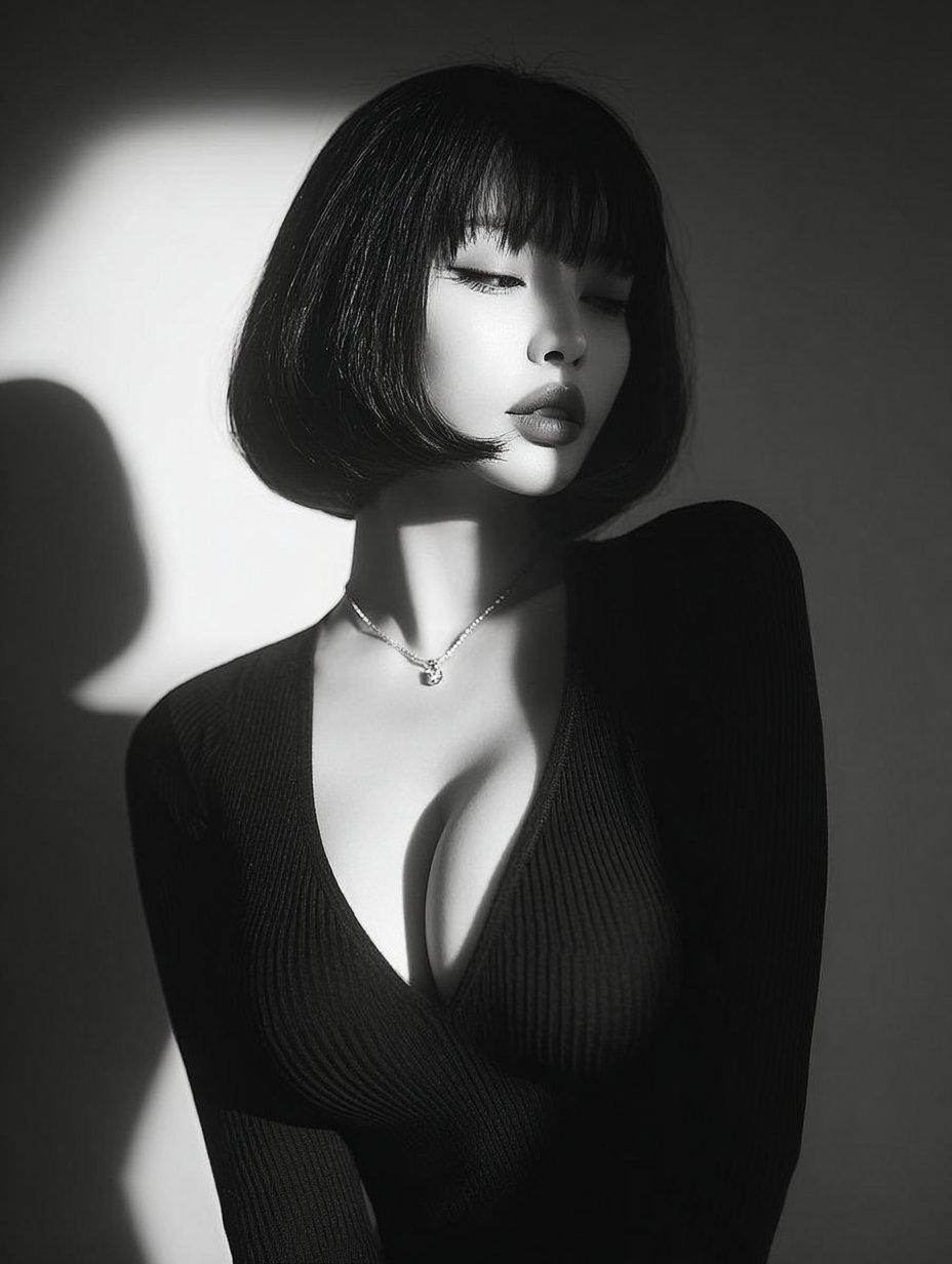黑白特写：闭眼亚洲女子肖像