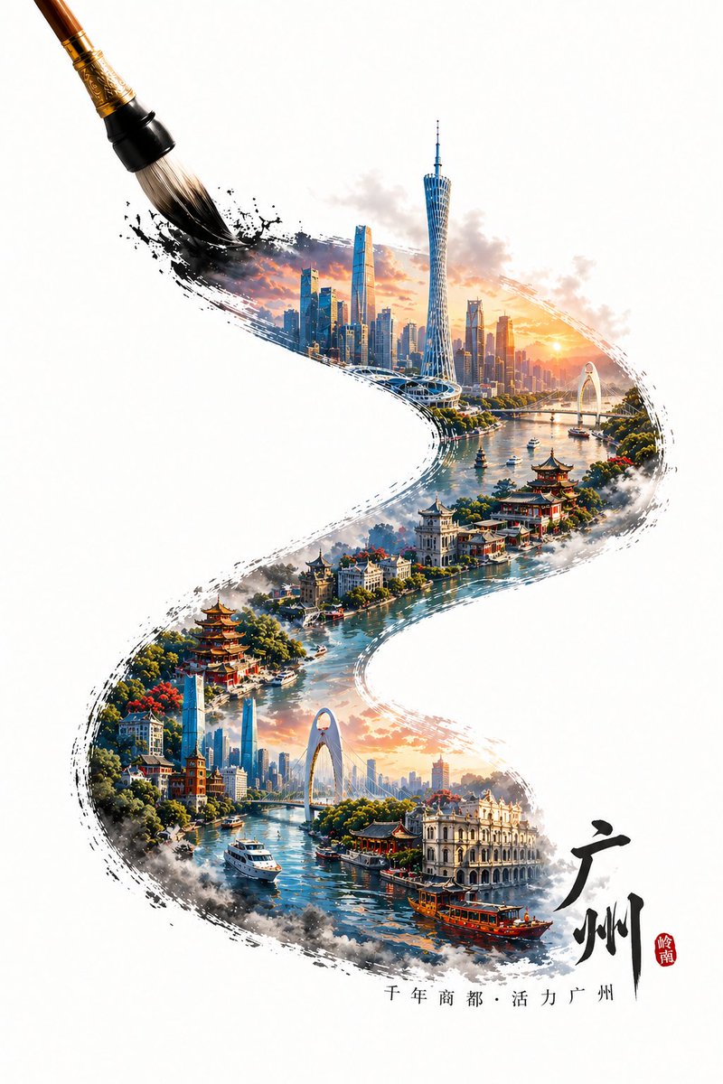 墨痕中的广州立体城景