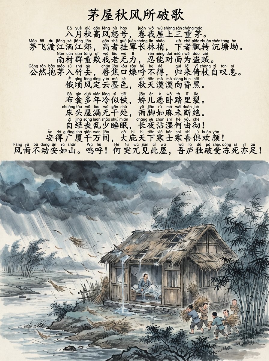 茅屋秋风所破歌水墨书法拼音图