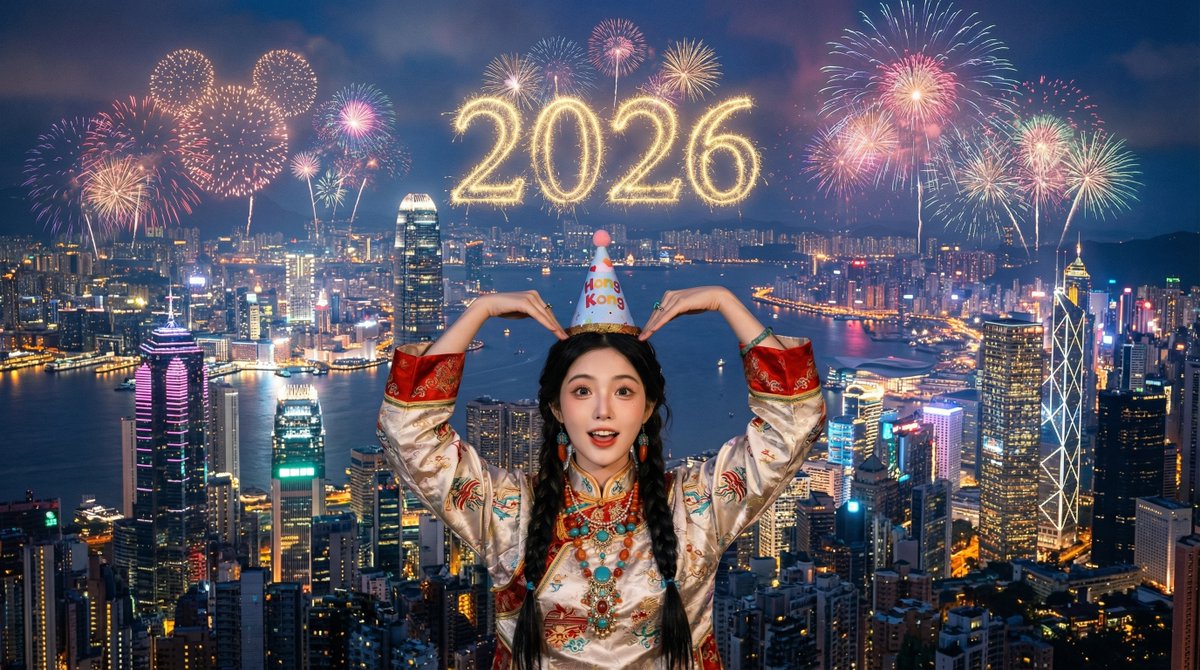 新年天际线下的孩子与烟花
