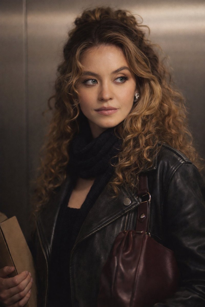 电影光影下的卷发皮衣少女质感肖像