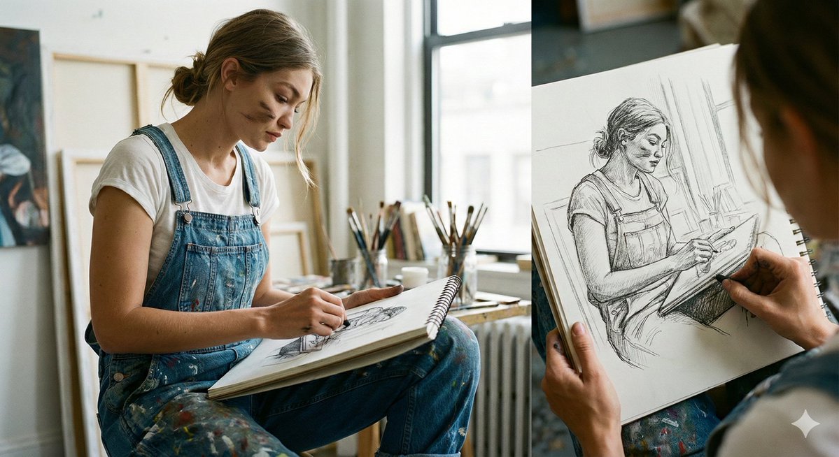 电影感双定格：画笔自画像与黄昏手机