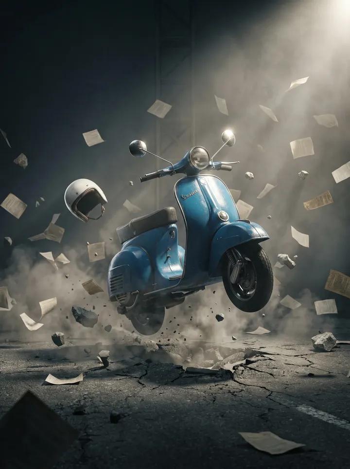 蓝色复古机车半空悬停电影级爆破