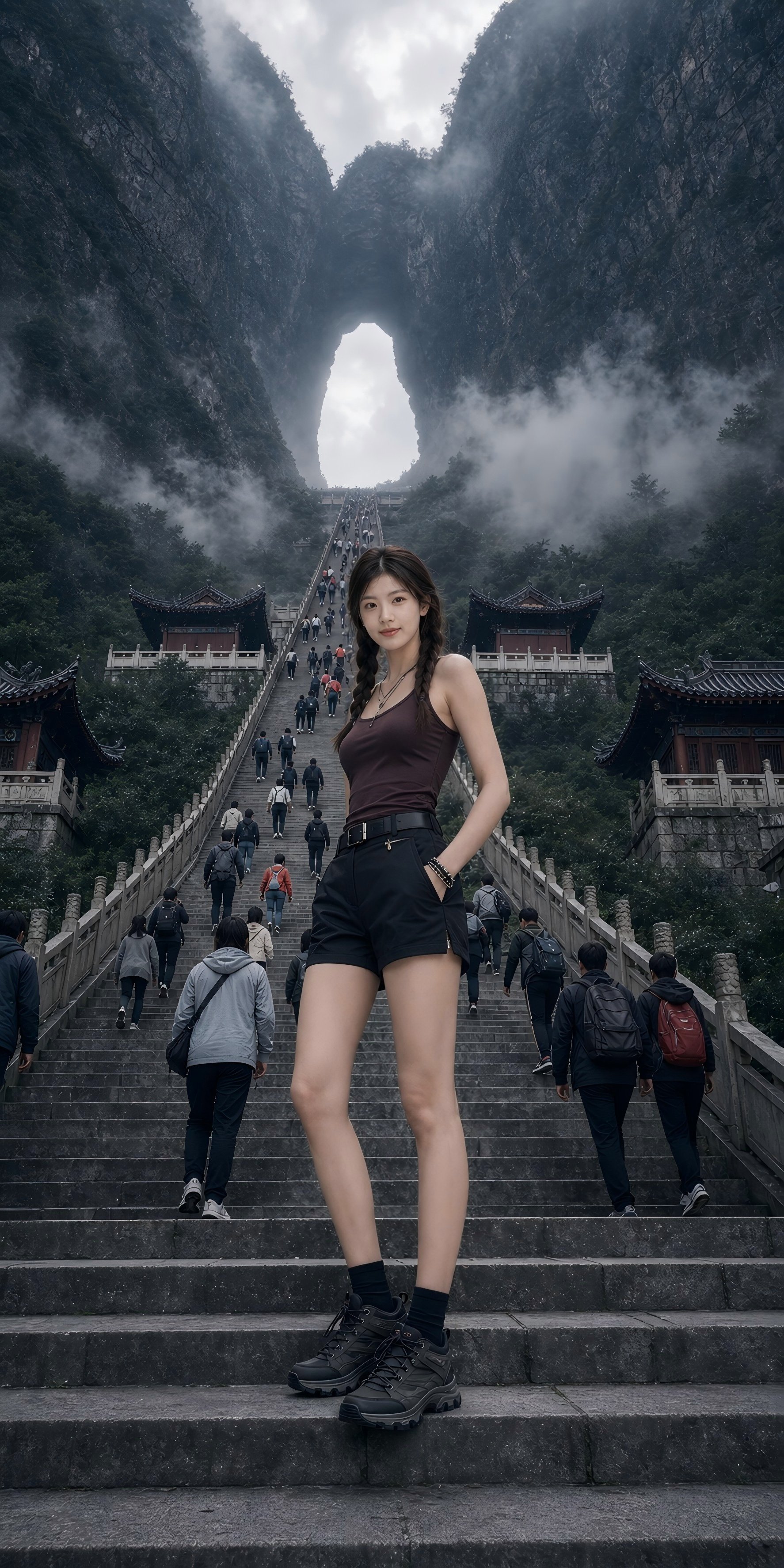 雾山石阶上的电影感旅行时尚人像