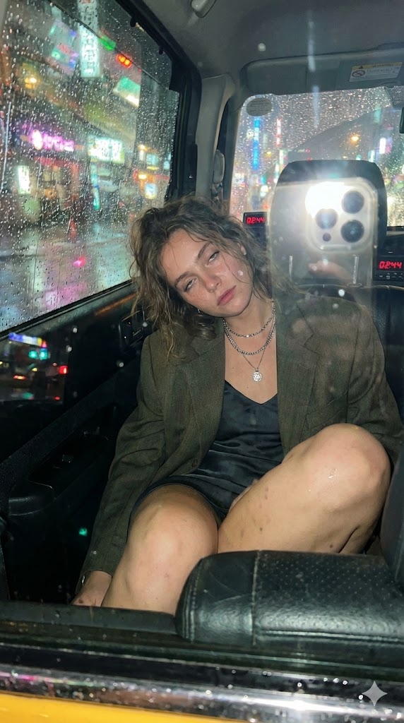雨夜出租车后座的慵懒女孩