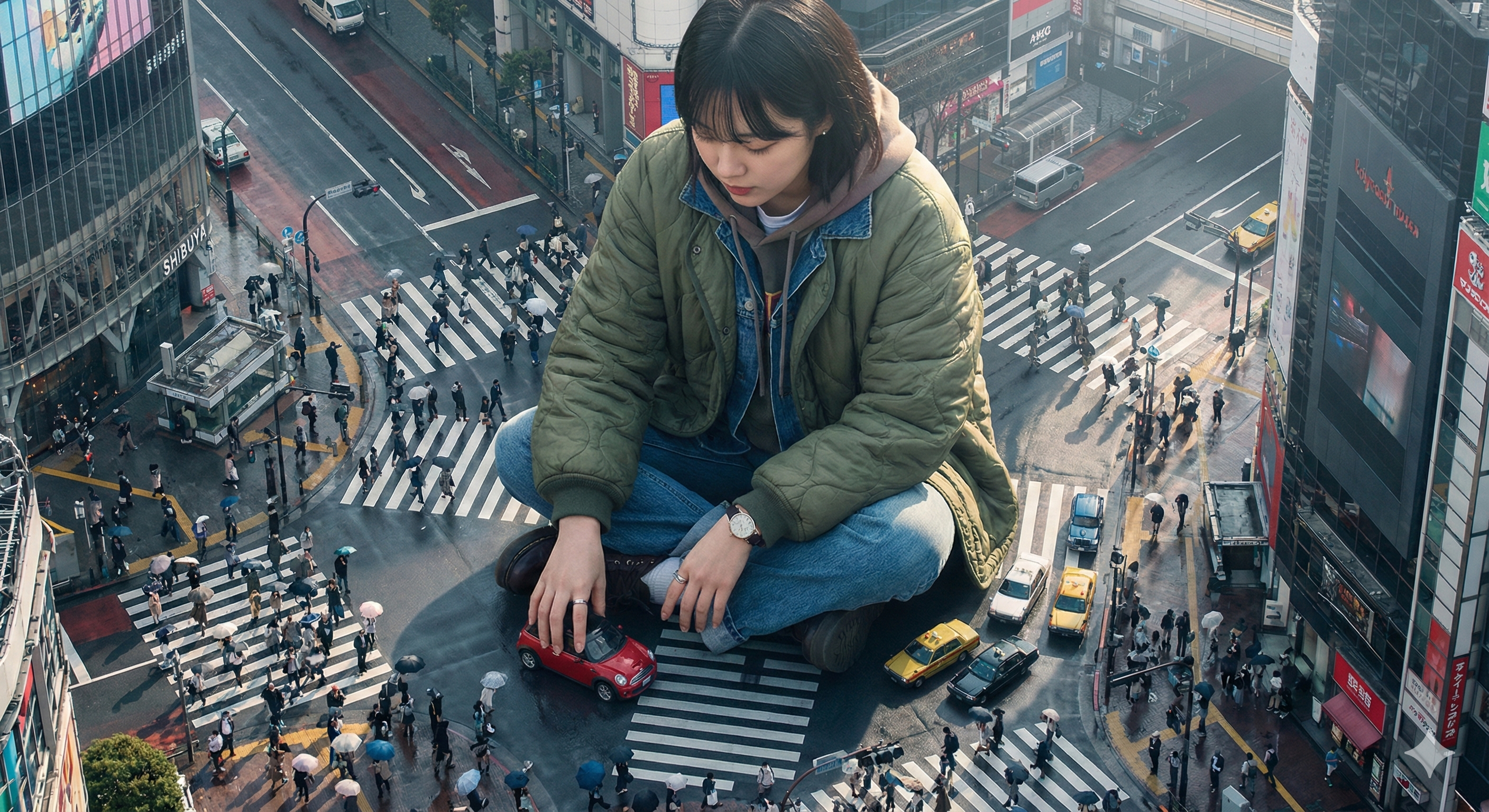 巨型女子在东京街头玩微型车