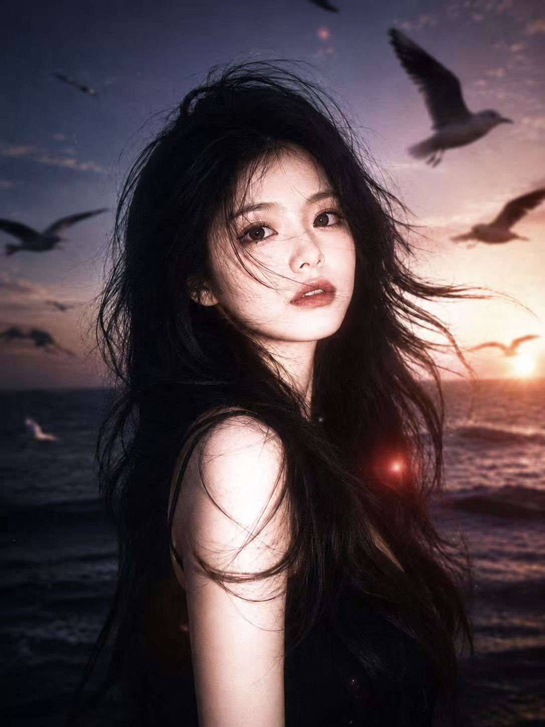 落日海风中的电影感少女肖像