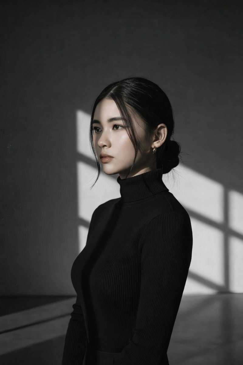 交叉光影下的黑白少女肖像