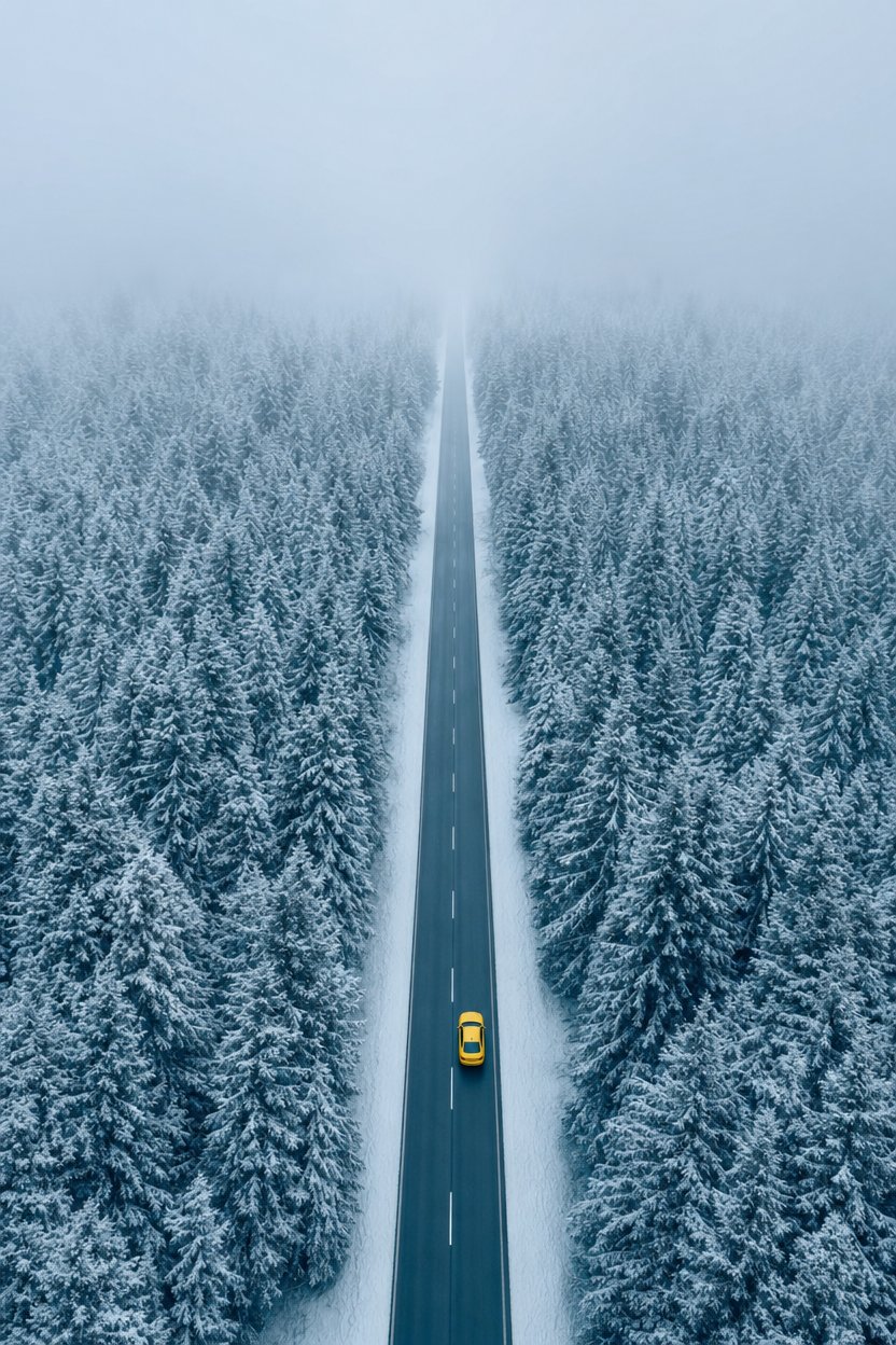 雪松迷雾中的孤车航拍