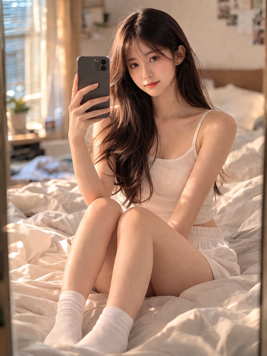 黄金时刻卧室镜前自拍