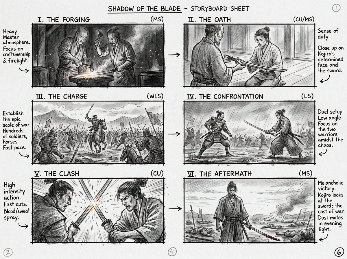 电影感六格铅笔分镜草图