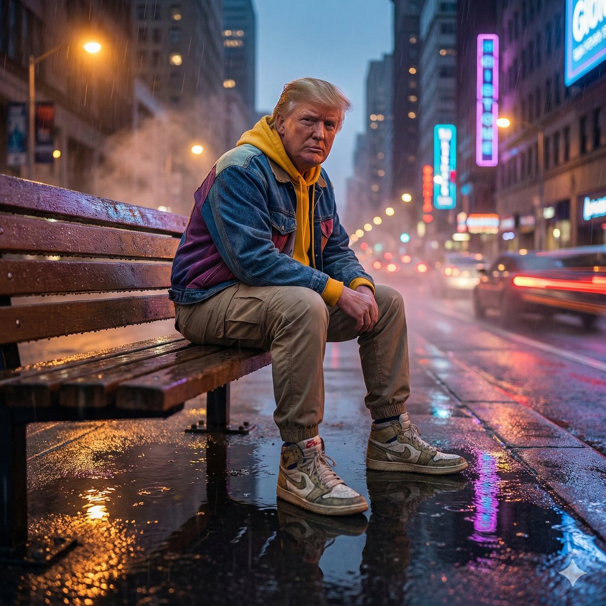 雨夜霓虹长椅上的电影级人物肖像