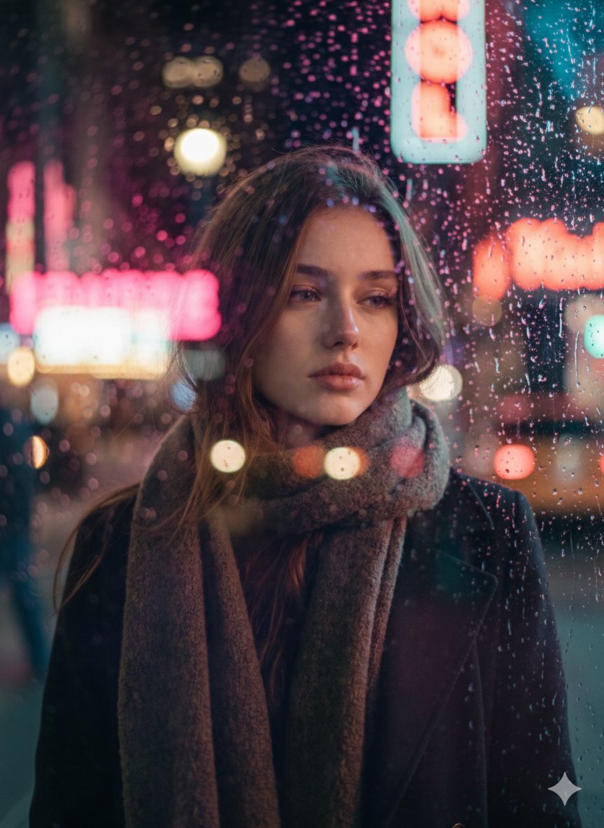 雨夜玻璃窗前的电影感肖像