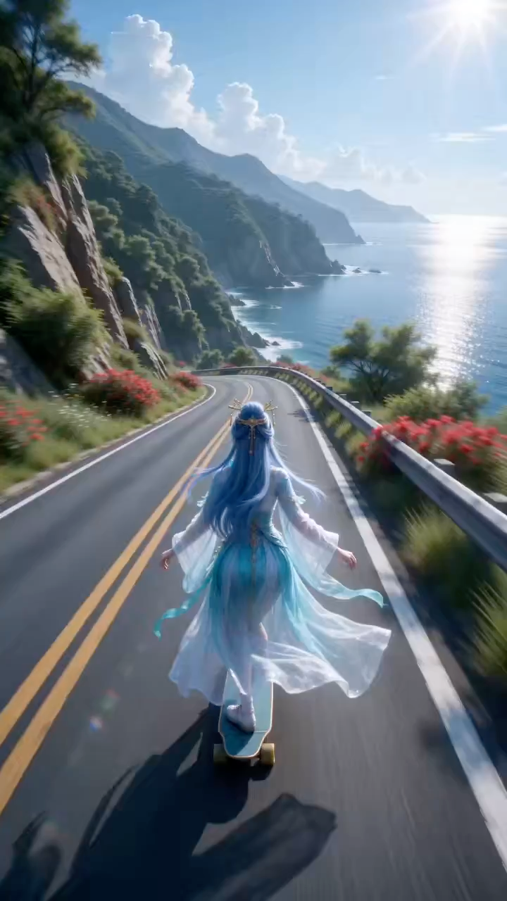 海岸弯道上的极速滑板追拍
