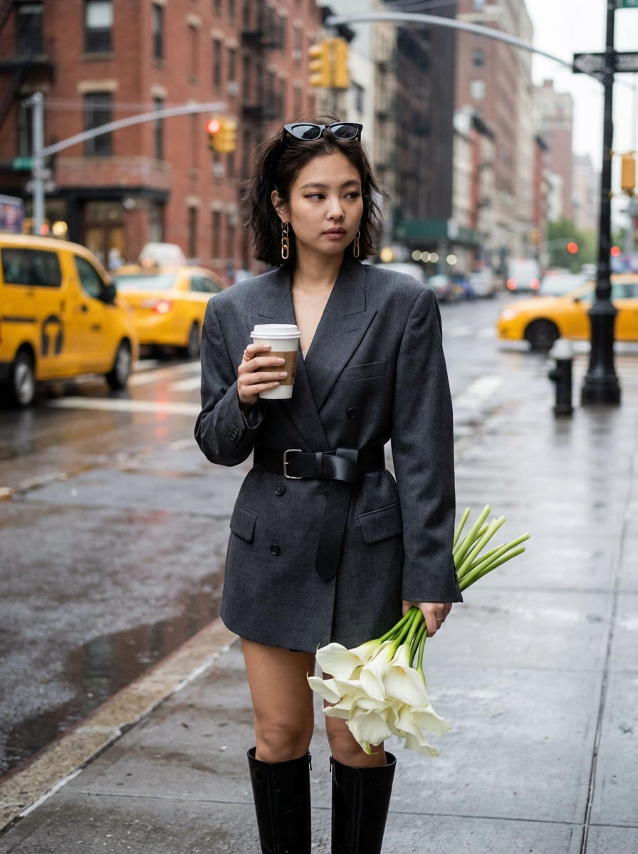 街头时尚：雨中纽约的Jennie式酷感
