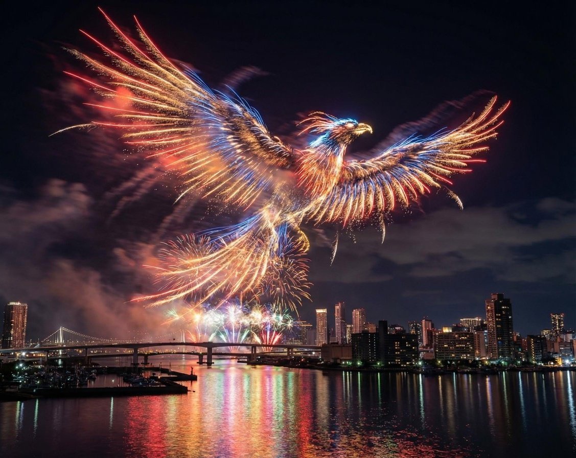 海滨夜空的主题烟花长曝光