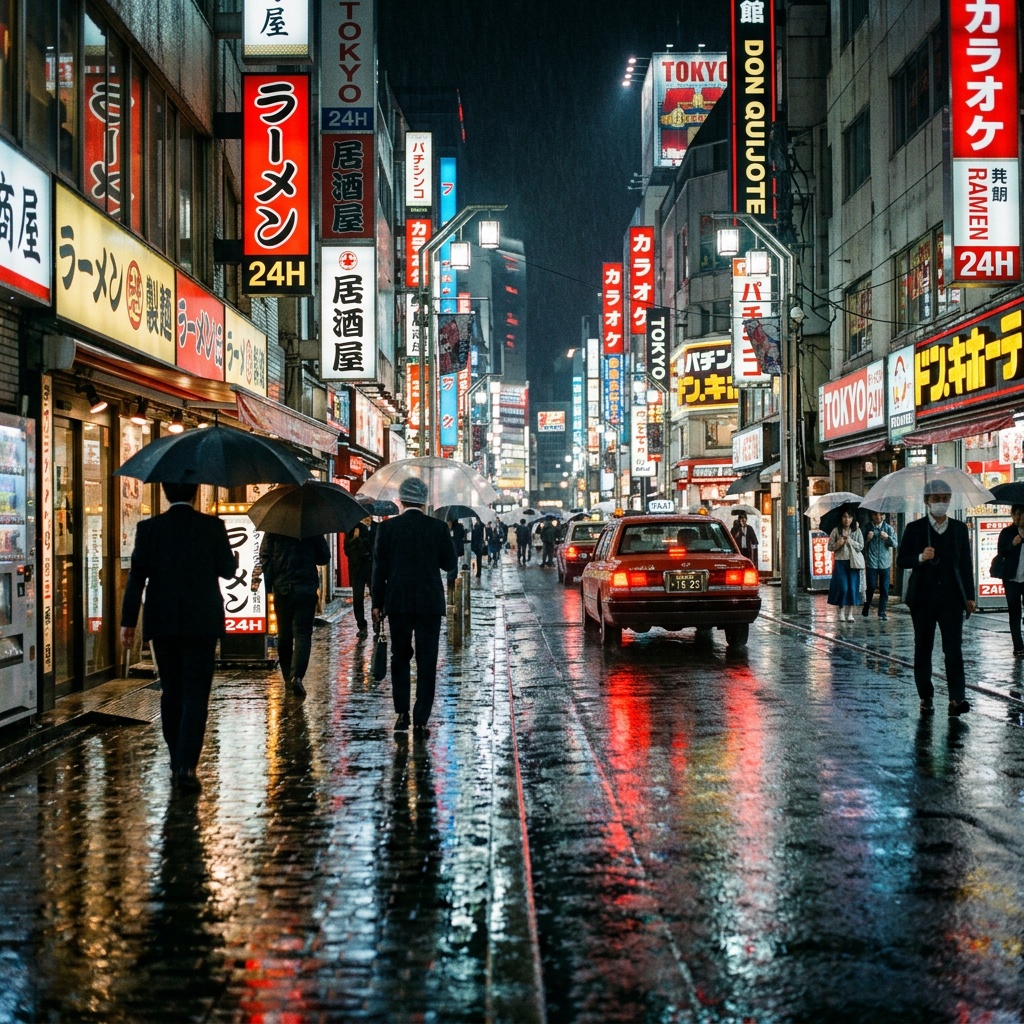 霓虹雨夜的东京街头
