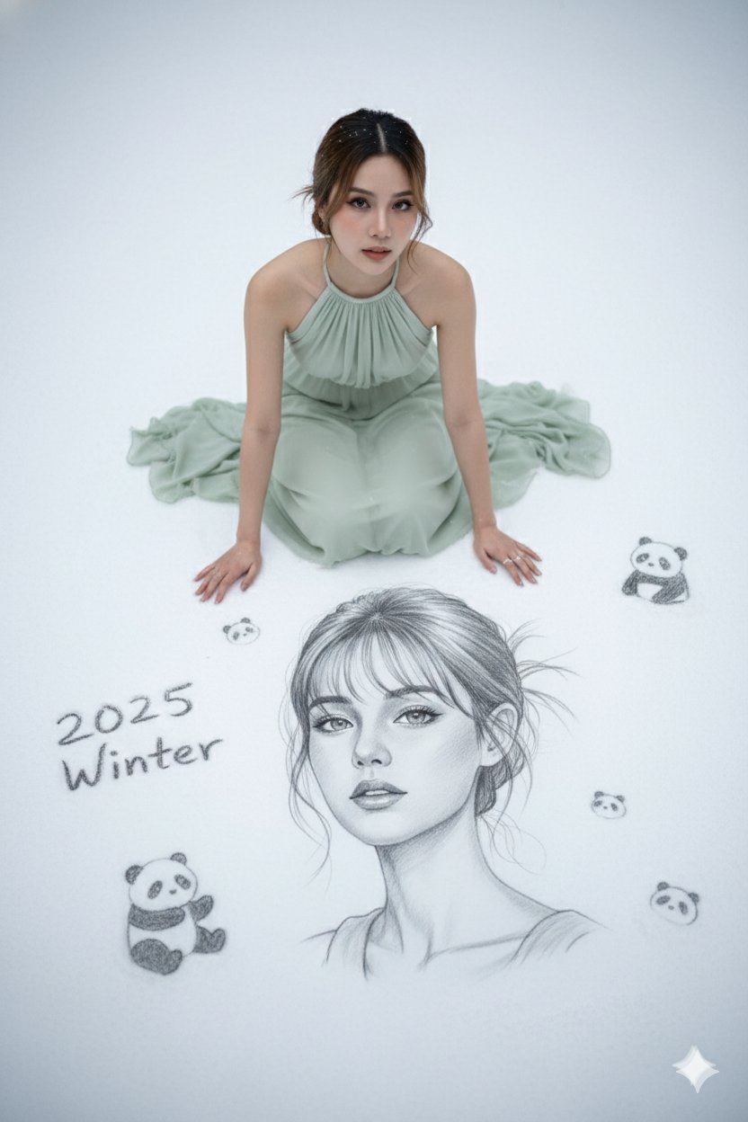 冬日雪地中的素描肖像