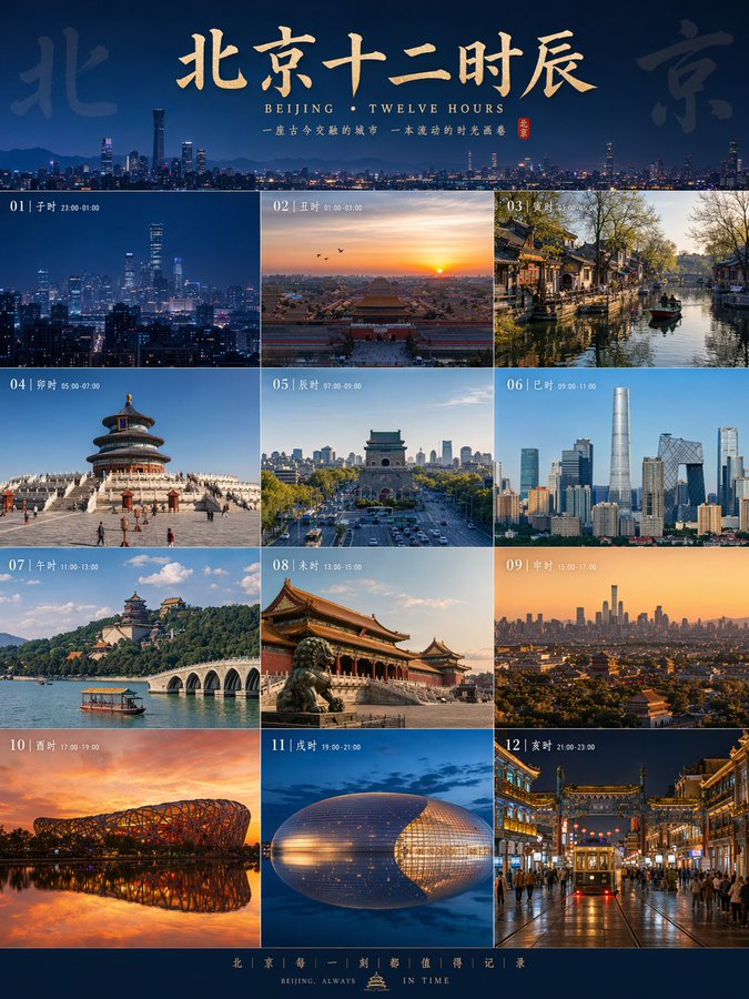 城市十二时辰光影拼贴海报