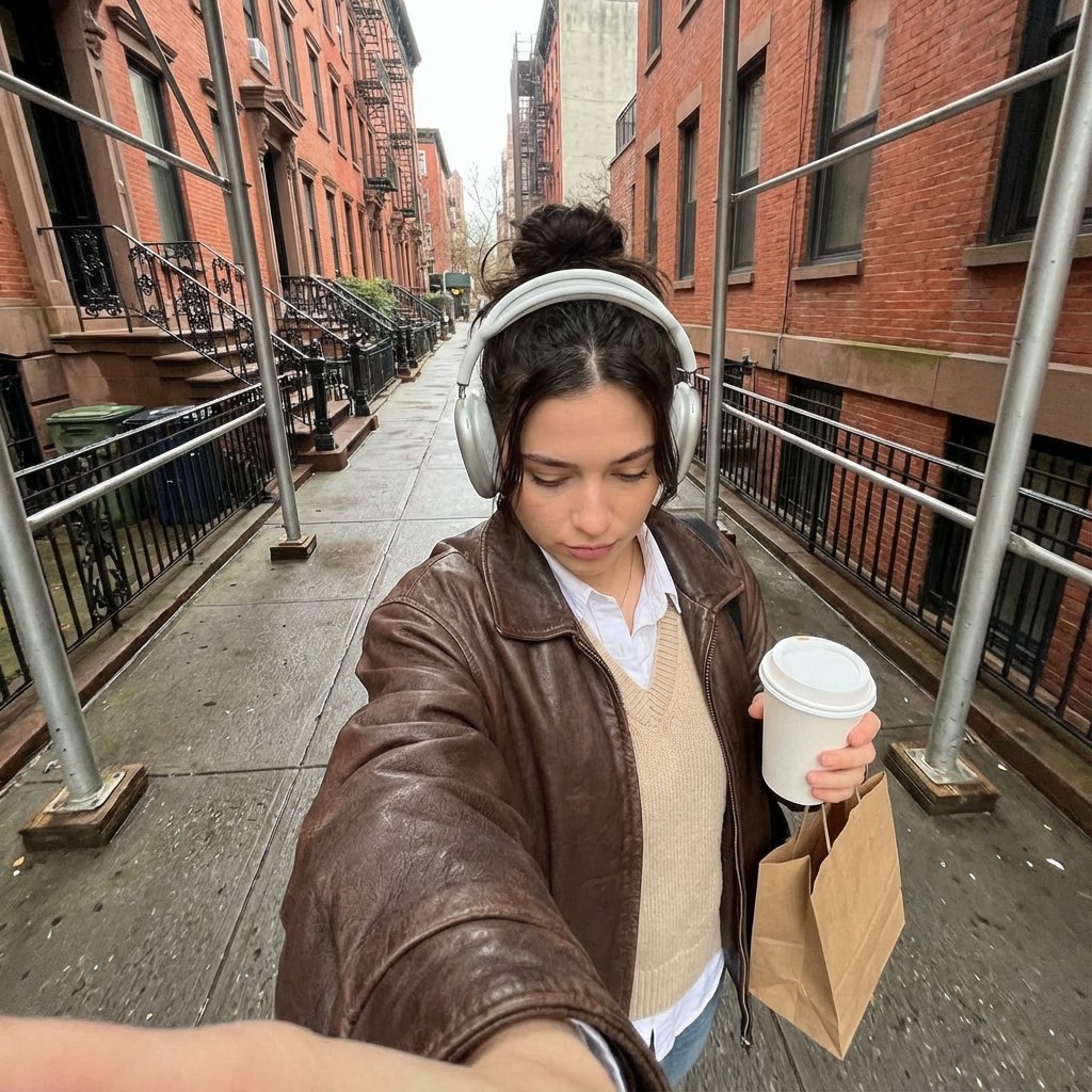 阴天红砖街头手持咖啡的惬意少女漫步