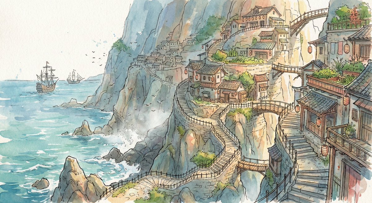 悬崖水彩画里的海边童话村庄
