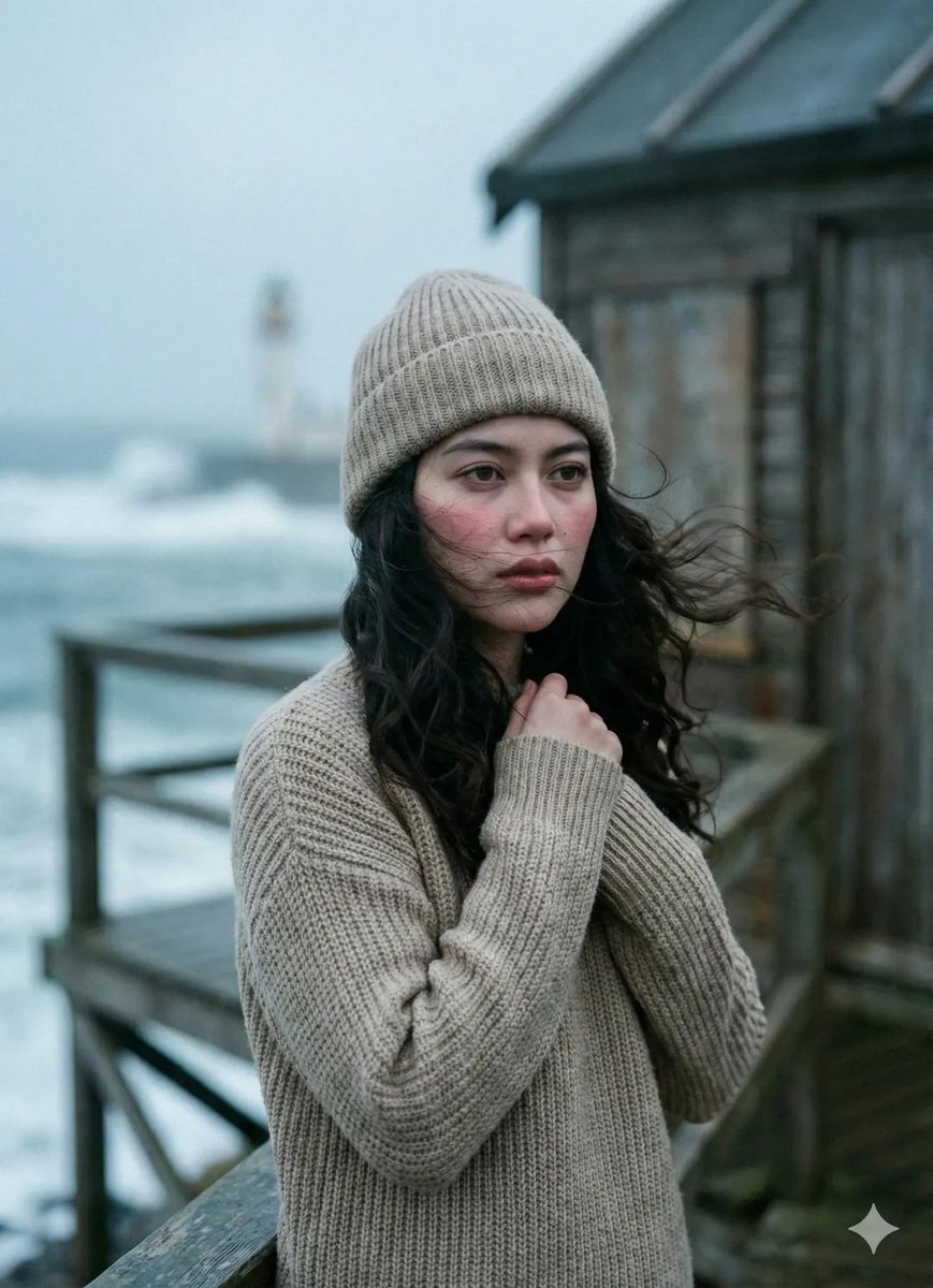 寒风海栈上的忧郁少女