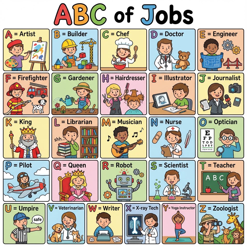 儿童职业ABC缤纷插画海报