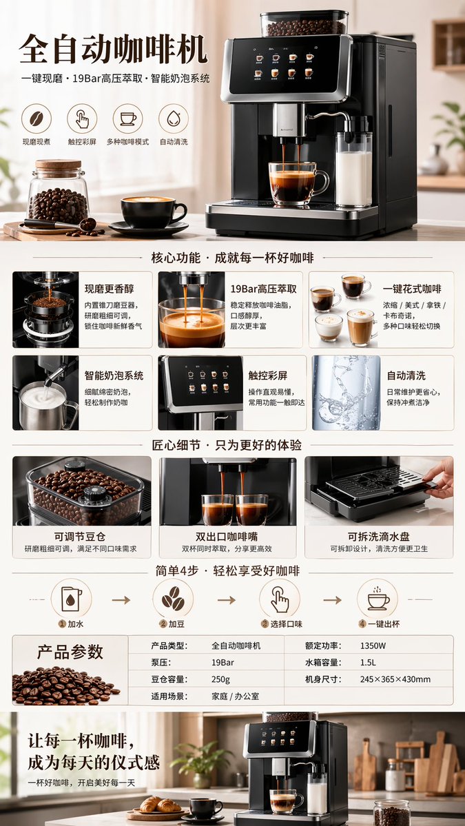 全自动咖啡机电商详情展示图