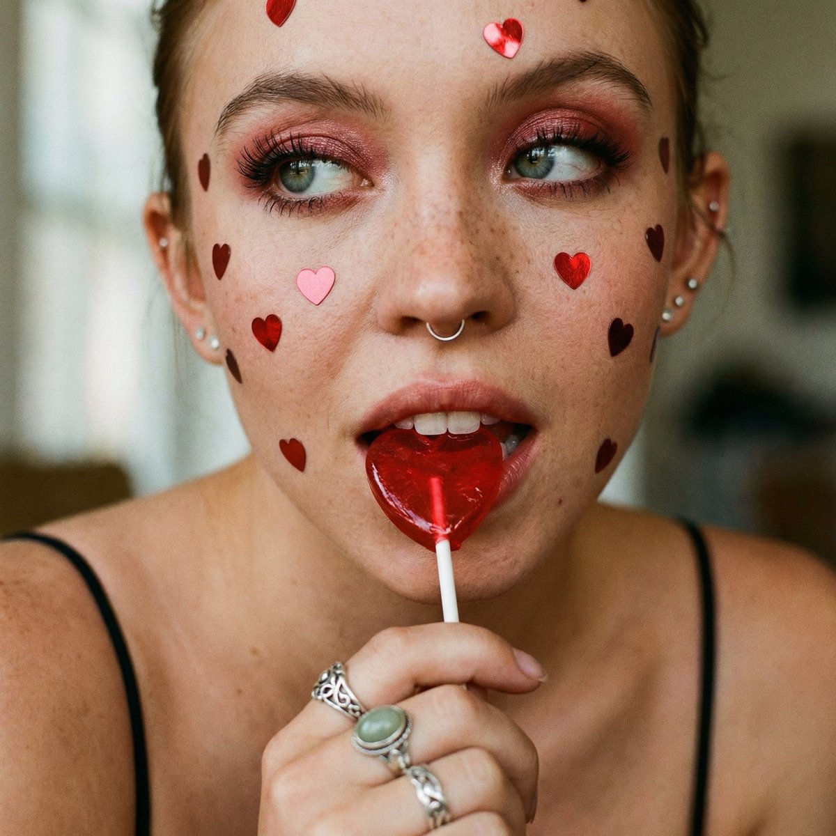 咬着心形糖果的纯欲微距特写