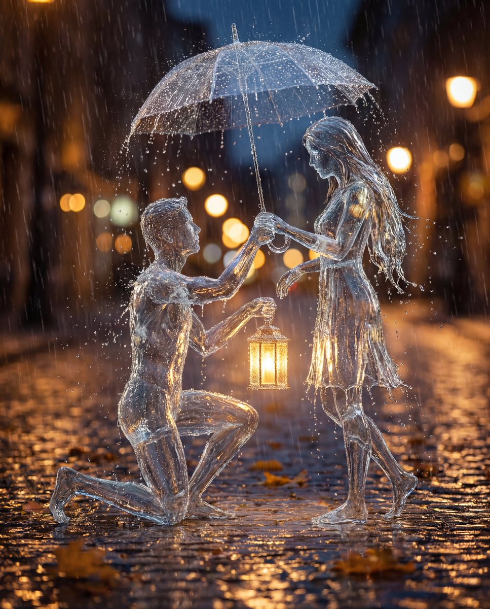 晶莹水滴凝结而成的唯美浪漫雨夜恋人