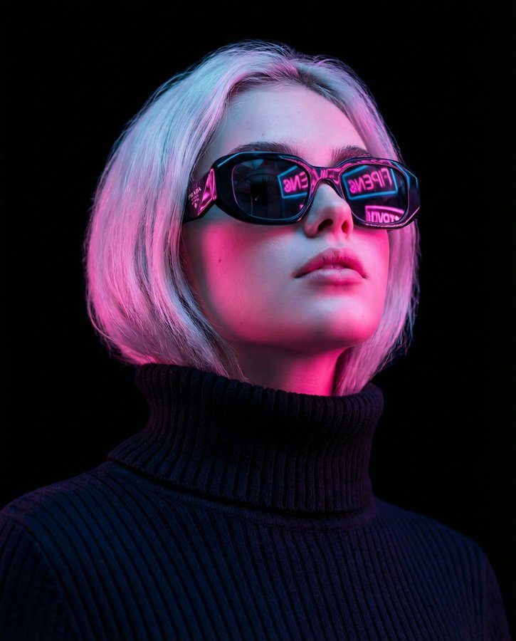 赛博霓虹光影下的高冷墨镜人像