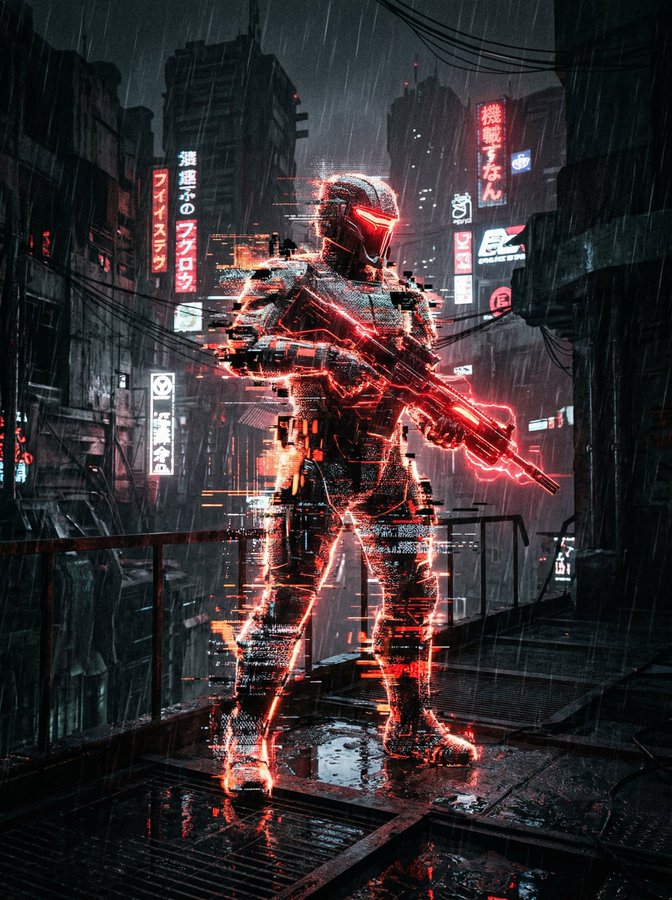 赛博朋克废墟中的全息战士